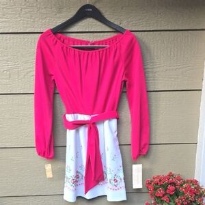 vintage Vicky Vaughn Pink White Long Sleeve Off Shoulder Embroidered Dress 5 New